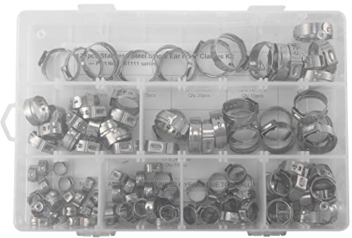 Qusedwey 304 Stainless Steel Single Ear Non-Steel Hose Clamp Classification Kit, 128 Pieces