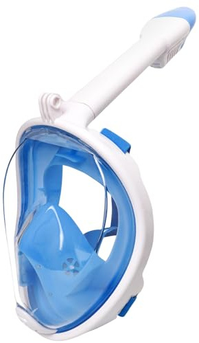 Jsdoin Snorkelmask för vuxna, helmask, 180 graders vy dykmask med panorama-helansiktsdesign, sportkameror, kompatibla dykglasögon för vuxna och barn (vit, blå, XS)