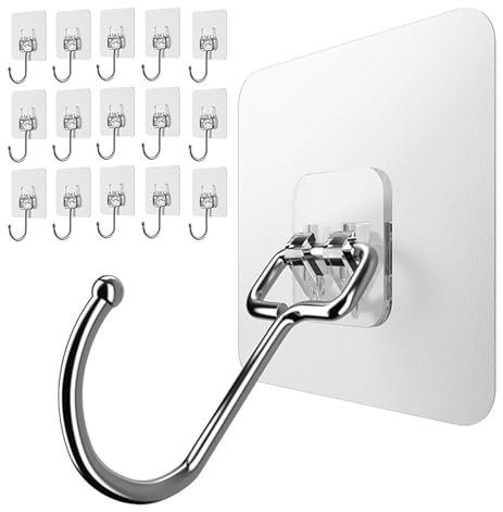 ZesNxj 16 Stück Klebehaken Transparent, Klebehaken Extra Stark, Keine Nägel Wasserdichte Klebehaken für 180° Drehbare, Haken Selbstklebend für Küche Bad Wand & Decke Aufhänger (Transparent)
