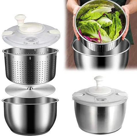 zhongbe Centrifugadora Ensalada Acero Inoxidable, centrifugadora de Ensalada Grande, centrifugadora de Verduras, Lavadora de Frutas, para deshidratar Lechuga, Frutas y Verduras, Pasta y Papas Fritas