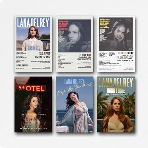 Kobueo Lana Del Rey Music Singer Album Cover Poster Set, 6 Stück, 20x30cm, Modern, Hochformat, Wandmontage, Schlafzimmer, Rahmen, Matte, Leinwand, Indoor/Outdoor, Vintage, Dekoration