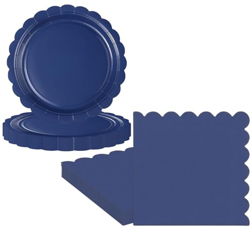 Lot de 50 assiettes et serviettes en papier bleu marine festonnées pour anniversaire, dessert, gâteau, serviettes, vaisselle jetable pour elle, lui, filles, femmes, hommes, décorations de table