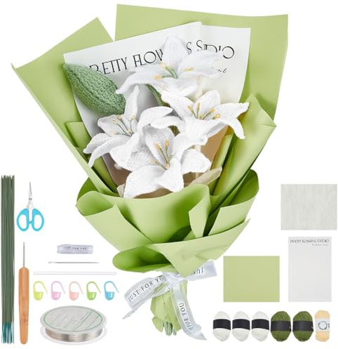 INFUNLY 5 Stück Häkelset Für Anfänger Blumenstrauß Häkelset Weiße Lilie Strick Starter Set Mit Häkelgarn Schritt für Schritt Anleitung Für Geburtstag Hochzeit Brautdusche Wohnkultur