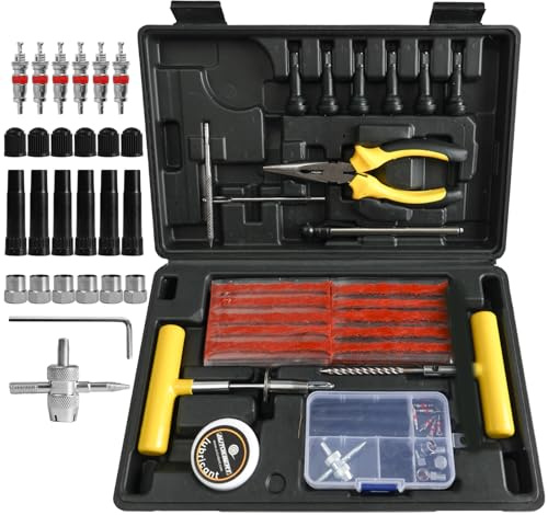 93-TLG. Reifenreparaturset Auto Universal – Heavy Duty Reifen Flickset mit T-Griff, Reifendruckmesser & Notfall-Werkzeugen für Pannenset Auto, Motorrad, LKW, Geländewagen, Traktor (Tubeless)
