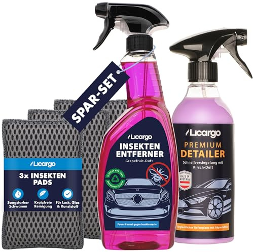LICARGO® Insektenentferner Set – Insektenschwamm (3 Stück), Detailer 500ml & Insektenreiniger Auto 750ml – entfernt Insekten, Flugrost & Harz von Lack, Glas & Kunststoff – Auto Reinigungsset
