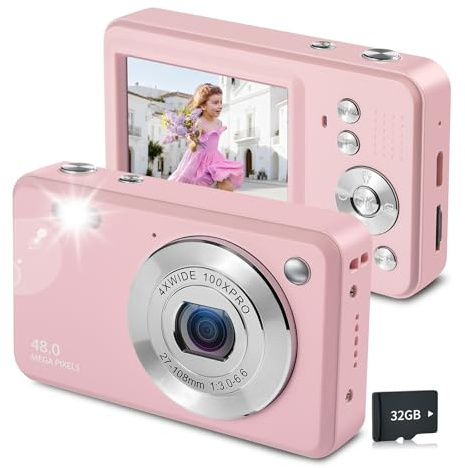 Digitalkamera 48MP 1080P FHD Kinderkamera mit 8X Digitalzoom Fotoapparat Tragbare Kompaktkamera mit 32GB Speicherkarte-Karte für Kinder Teenager Anfänger Geschenk