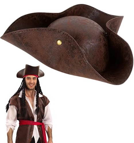 Brown Pirate Hat for Adult, Pirate Hat, Pirates Accessories for Men Women, Halloween Costume Accessories, Tricorn Hat Pirates Cap, Colonial Medieval Accessory for Pirated Theme Party Halloween Cosplay