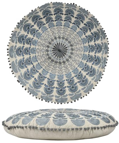 Marrakesch Boho Deko Bodenkissen Sitzkissen rund 60 x 15 cm mit Füllung | Meditationskissen Garet Blau aus Baumwolle Bestickt mit Mandala Motiv | Boho Yogakissen als Wohnzimmer Schlafzimmer Deko