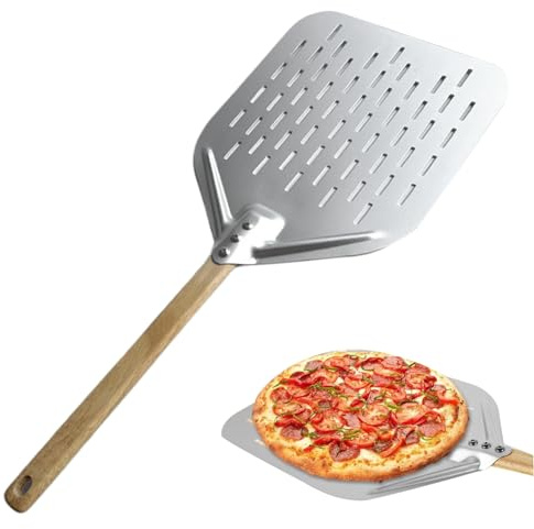 Pelle à Pizza palette à Pizza de 12 pouces avec manche en bois spatule en alliage d'aluminium pelle creuse pour four cuisson gril, palette