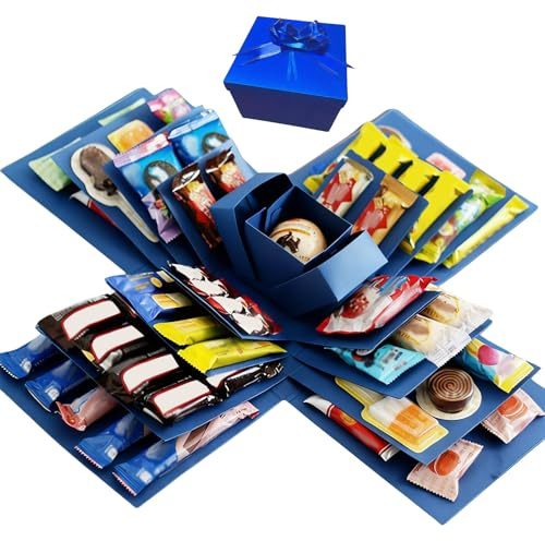 DIY Explosion Gift Box,5 Layer Snack Explosion Box with tape and ribbon,Surprise Snack Explosion Box, Scrapbooking Boxes,Creative Explosion Boxes for Anniversary Birthday Valentine's Day (Blue)