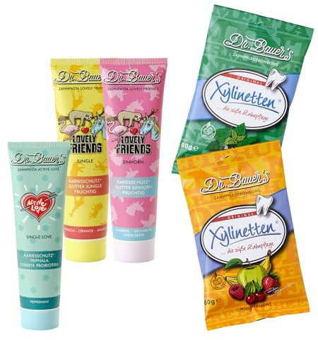 Dr. Bauer's Family tandvårdsset – tandkräm för barn och vuxna med fruktiga och mynta sorter, hållbar munvård med xylitpastiller och familjefavoriter i ett praktiskt paket