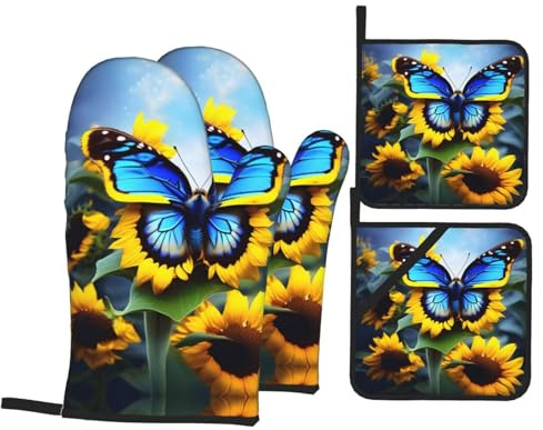 Guanti da cucina presine HJFCZH Girasole Blu Farfalla Stampe ispessite pratico anti-scottatura isolamento termico per cottura in cucina