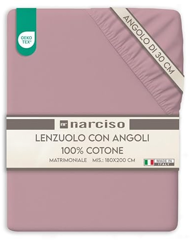 NARCISO Lenzuolo con Angoli Matrimoniale 100% Cotone (180x200 con Angolo di 30cm) Lenzuola Sotto con Angoli Matrimoniale Traspirante ed Anallergico, Biancheria da Letto Made in Italy (2P, Cipria)