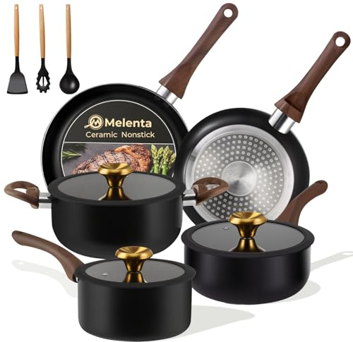 M MELENTA Pots and Pans Set Non Stick, 11-Piece Black Ceramic Cookware Set | Compact Cookware Set, Ceramic Saucepan Set Non Toxic, Induction Hob Pan Set, Starter Pots and Pans, PFAS & PFOA Free
