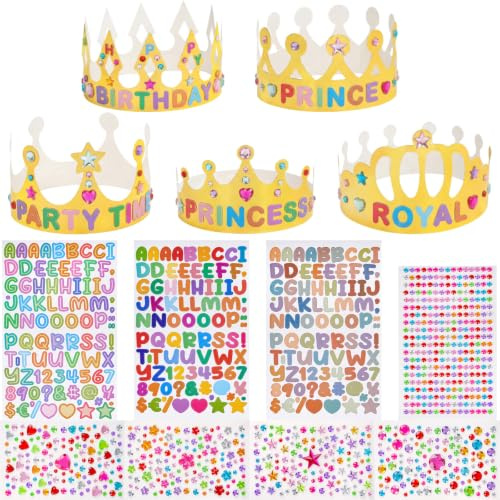 Tgsedr 15 Stück Kronen Basteln Geburtstag Papier Krone Partyhüte Goldenen Papierkronen Set Krone Geburtstag Geburtstagskrone mit 5 Strasssticker und 6 Alphanumerische Aufkleber für Geburtstag Party
