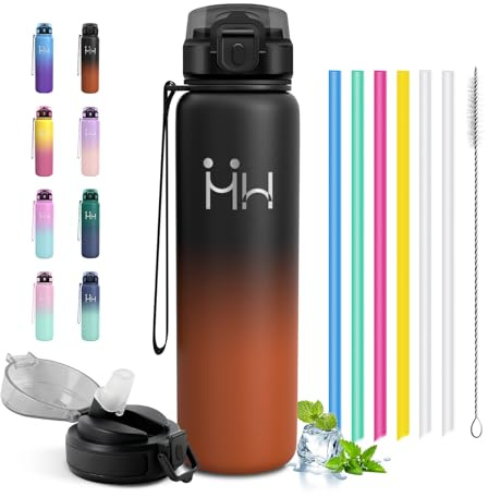 Botella Térmica 1L, Cantimplora Acero Inoxidable con Pajita, Doble Pared, sin BPA, A Prueba de Fugas, para Fitness, Camping, Oficina