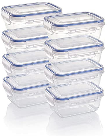 Grizzly Kunststoff Frischhaltedosen Set, 8x Vorratsdosen mit Deckel, rechteckig, stapelbar, bruch-, mikrowellen- und spülmaschinenfest