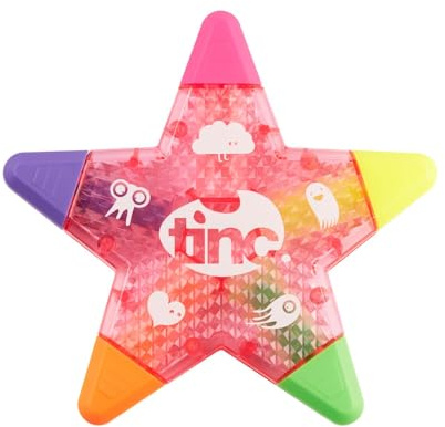 Tinc - Mehrfarbiger 5-in-1 Stern-Textmarker - Kompakter Stift für Schule/Büro - Rosa, Orange, Grün, Gelb, Violett - Platzsparendes Design mit Leuchtenden Kappen