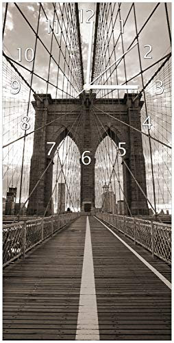 Wallario Design-Wanduhr Brooklyn Bridge in New York aus Glas, Motiv-Uhr Größe 30 x 60 cm, weiße Zeiger