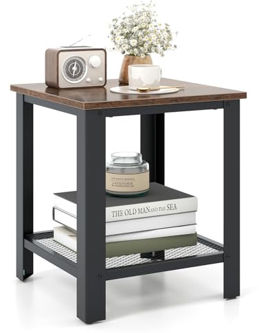 Giantex 2-Tier End Table, 16 Inch Small Side Table w/Mesh Storage Shelf, Industrial Telephone Table with Heavy-Duty Metal Frame, Square Sofa Table for Small Space Living Room, Rustic Brown