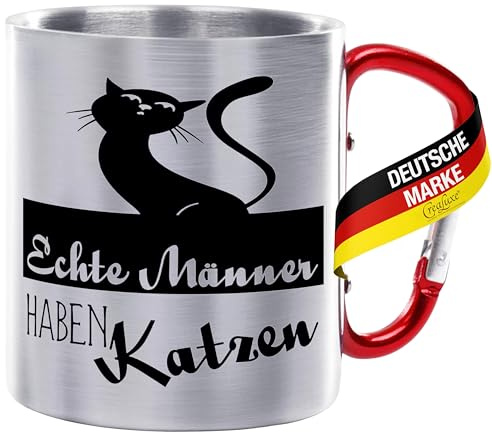 CreaLuxe Edelstahltasse mit Karabiner 'Echte Männer haben Katzen' Tasse bedruckt, Kaffeetasse, Bürotasse, Metalltasse mit Name