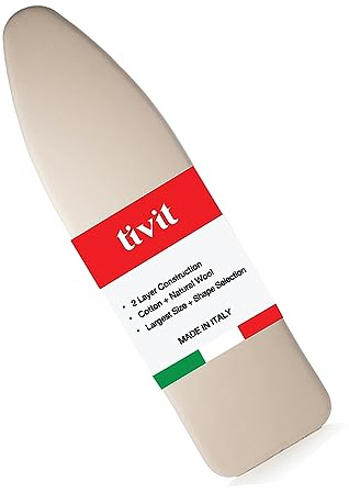 TIVIT Ironing Board Cover - Made in Italy - 18 x 54 Wide Chemical Free Eco-Friendly Padded Covers - Unbleached, Untreated Natural Cotton & Wool Pad - 2 Layer, 3 Fastener Straps, Pull Bungee Cord