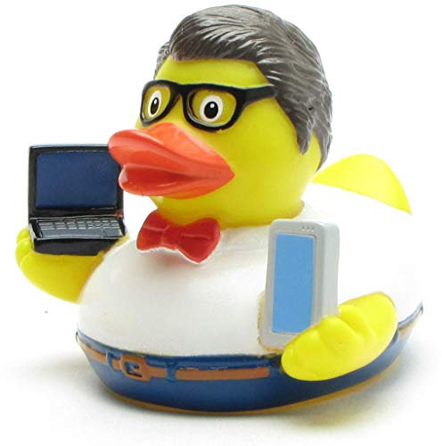 Duckshop I Badeente Nerd I Quietscheente IT-Spezialist I L: 9 cm I inkl. Quietscheentchen-Schlüsselanhänger im Set I Badespielzeug I Geschenk Computer-Freaks I Präsent ITler I
