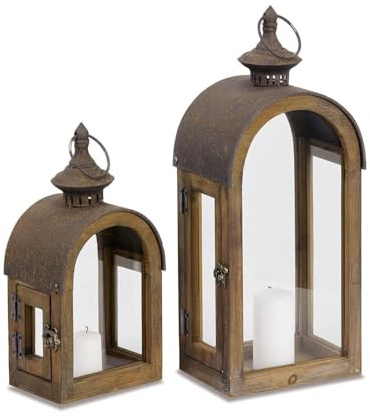 Loberon Laterne 2er Set Jadon, Zwei Größen, Antike Formsprache, Wohn-Accessoires, Dekoration, Tannenholz, Stahl, Glas, antikbraun
