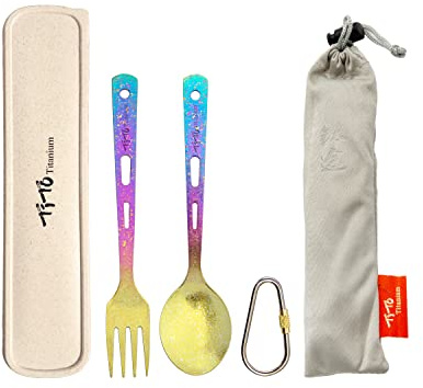 TiTo Titanium Spork Tableware Set Outdoor Camping Titanium Spoon Knife Collection 3 New Environmental Protection Sets with Box And Cloth Bag (2pcs Colorful Spoon fork)