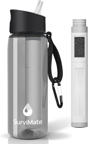SurviMate Bouteille d'eau filtrée à 5 étapes de 0,01 μm, matériau sans BPA, certifié NSF/ANSI 42 et 372, bouteille filtrante portable pour la survie, le camping, la randonnée et l'utilisation