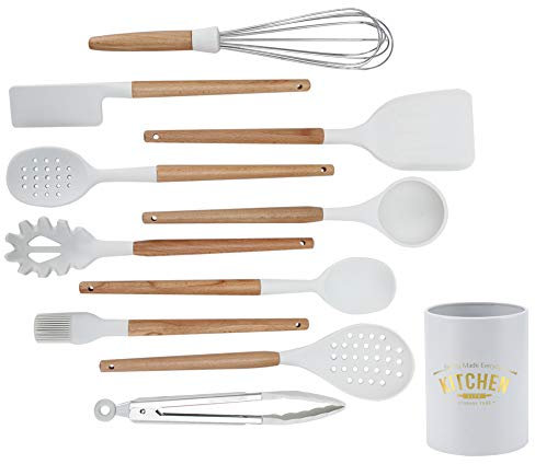 Ustensiles de cuisine, 11 pièces Kit d'ustensiles de cuisine en silicone blanc + bois Ustensiles de cuisine antiadhésifs avec boîte de rangement, avec poignée en bois blanc