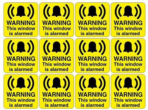 Pack of 12 Security Signs Warning This Window is alarmed Size 60mm x 60mm Self Adhesive Vinyl Stickers Ideal for Businesses and Homes