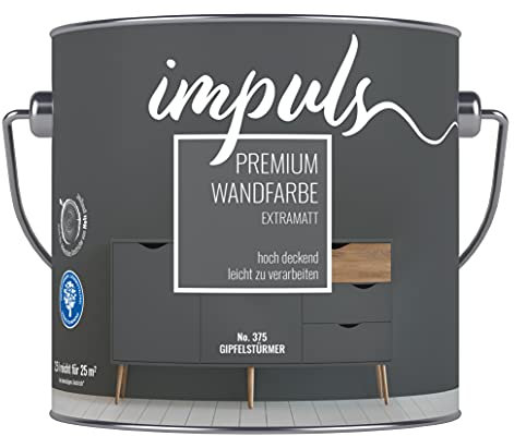 Impuls Premium Trend Wandfarbe 2,5L dunkelgrau extramatt matt Farbe Innenfarbe Vintage Shabby Retro Innenwandfarbe hochdeckend Trendfarbe Wand- und Deckenfarbe (Gipfelstürmer)