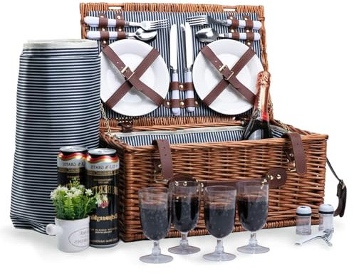 Picknickkorb 4 Personen mit Isolierter Kühlfach, Wasserdichter Picknickdecke und Geschirr-Set, Weidenkorb Picknickkorb, Picknickkoffer, Picknick Set für Camping und Party im Freien
