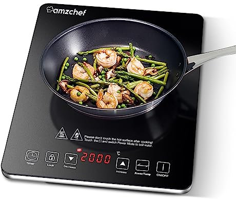 AMZCHEF Single Induction Cooker, Ultra-thin Induction Hob with Fashion Look, 10-level Power and Temperature Control, Black Frosted Glass Panel, Touch Sensor, 3-hour Timer, Safety Lock