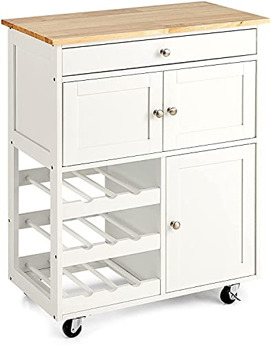 RELAX4LIFE Küchenwagen, Küchenschrank auf Rollen, Rollwagen mit Schublade, Küchentrolley aus Holz, Weinregal für Flaschen, Servierwagen Weiß, Beistellwagen mit großer Arbeitsplatte, 67 x 37 x 86 cm