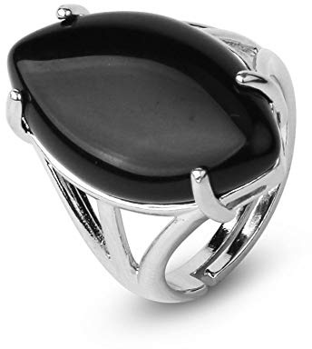 WLLDDDIU Natürlicher Großer Schwarzer Onyx-Ring Kristall-Pferdeaugen-Form-Ring Verstellbarer Damen-Ring Mit Offenem Stein Reiki-Balance Knöchel-Finger-Ringe Ewigkeitsring Für Frauen, Mädchen, M