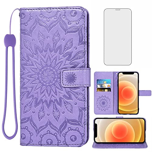 Phone Case for iPhone 12 Mini 5.4 Wallet Cases with Tempered Glass Screen Protector Leather Slim Flip Cover Card Holder Stand Cell Accessories iPhone12mini 5G i 12s iPhone12 12mini Women Purple