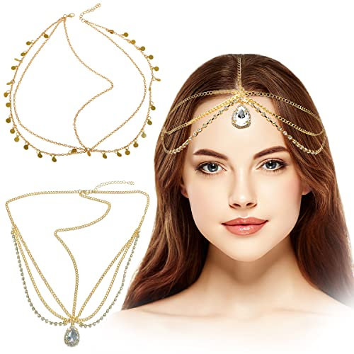 Kopfschmuck Boho Gold, RosyFate 2 Stück Kopfkette Damen, Vintage Kopfschmuck, Kopfkette mit Anhänger, Quaste Kette, Festival-Haarschmuck für Damen und Mädchen