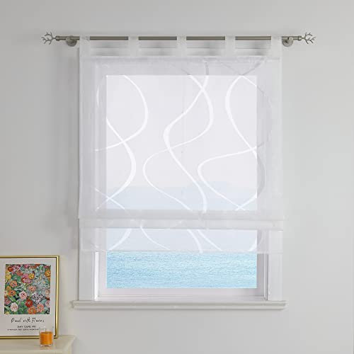 ESLIR Raffrollo Ausbrenner Raffgardine mit Schlaufen Wohnzimmer Gardinen Küche Transparent Bändchenrollo Modern mit Wellen Muster Weiß BxH 120x140cm 1 Stück