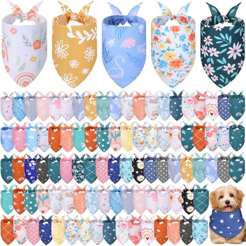 Amylove 100 Pcs Dog Bandana Bulk Pet Bibs Colorful Triangle Scarf Pet Bandanas for Small Medium Pup Puppy Summer Spring Costume Decoration(Floral)