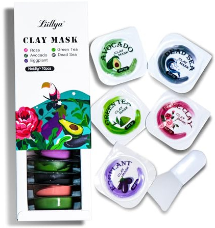 Liillya Heilerde Maske in Reisegröße Totes Meer, Grüner Tee, Rose, Avocado, Aubergine Gesichtsmaske, Porenreiniger Gesicht, Masken Set für Hautpflege, Mitesser, Akne, Pickel und Ölkontrolle,10pcs