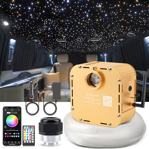 SUNKENET 32W Twinkle Starlight Headliner Kit, 800pcs*0.03in*13.1ft LED Fiber Optic Lights Kit, Star Ceiling Light+10 Crystals+Adapter+Cigarette Lighter for Car Roof/Home with APP/Remote/Music Mode