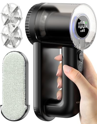Rechargeable Fabric Shaver with Lint Brush, XL Electric Lint Remover with Digital Display, 3 Extra-Large Blades Defuzzer Sweater Shaver, Lint Shaver for Clothing, Furniture, Blanket, Black