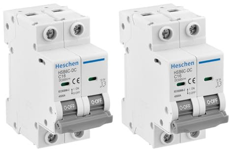 Heschen 2PCS DC Miniature Circuit Breaker, HSB6C-DC, 2 Poles, DC500V 16A, Photovoltaic Circuit Breaker, for Solar PV System Solar Panels Grid System, 35mm DIN Rail Mounting (16A)