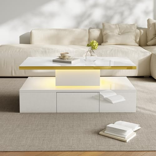 BTM Table Basse Blanc, LED Via App, Tiroirs et 2 Etagères, Laque Haute Luminosité, pour Salon et Chambre, 100X50X38cm