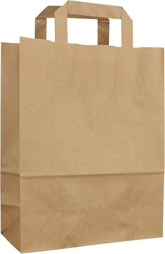 100 Stück - Papiertragetasche - BIO Nature Kraft Tragetaschen - Papiertragetasche mit Henkel - Tragetasche braun - Papiertüten - Papiertüten - Flachgriff -Größe: 22x10x28cm…