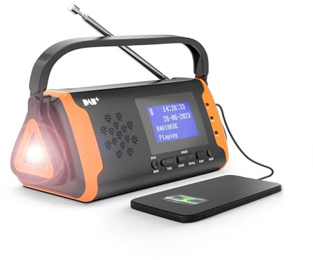 BDJSN Portable Solar DAB Radio, LCD FM Digital Radio, Water Proof USB Support 3.5mm Headphones Player, 5 Charging Modes 4000mAh Small Multifunctional Emergency Radio With Alarm Clock Flashlight