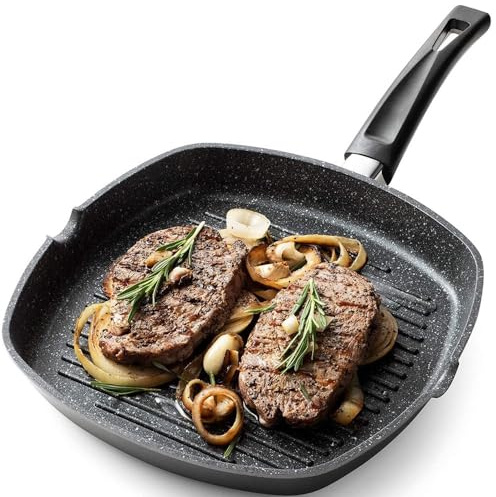 Bistecchiera Piastra Da Cucina Antiaderente 28 cm Adatta a Induzione Manico Soft Touch In Alluminio Pressofuso Griglia Rettangolare (28 cm)