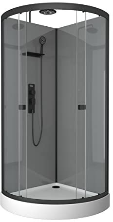 Marwell Ducha completa de estilo gris, redonda, 215 x 90 x 90 cm, con cristal templado de 5 mm, con estante para utensilios de ducha, marco de aluminio de alta calidad